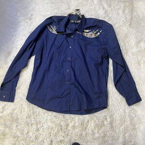 A Fine Line CottonVTG Western Bedazzled Accent Blue Long Sleeve Button Rare MED